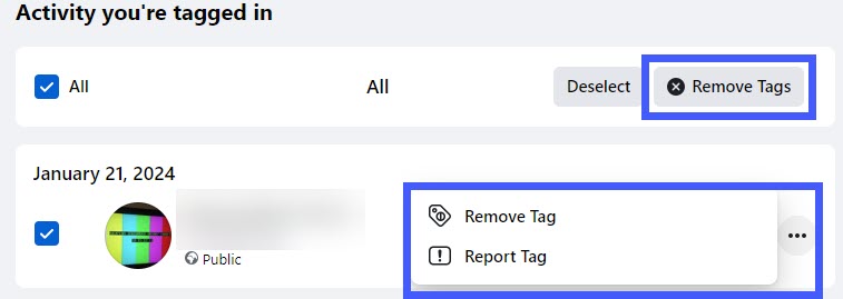 The Activity you're tagged in" offers you the options to remote the tags  Facebook Activity Log