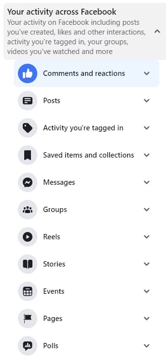 Your activity across Facebook Facebook Activity Log