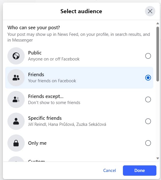 Choose your preferred audience—options typically include "Public," "Friends," "Only Me," or custom lists.  Facebook Activity Log